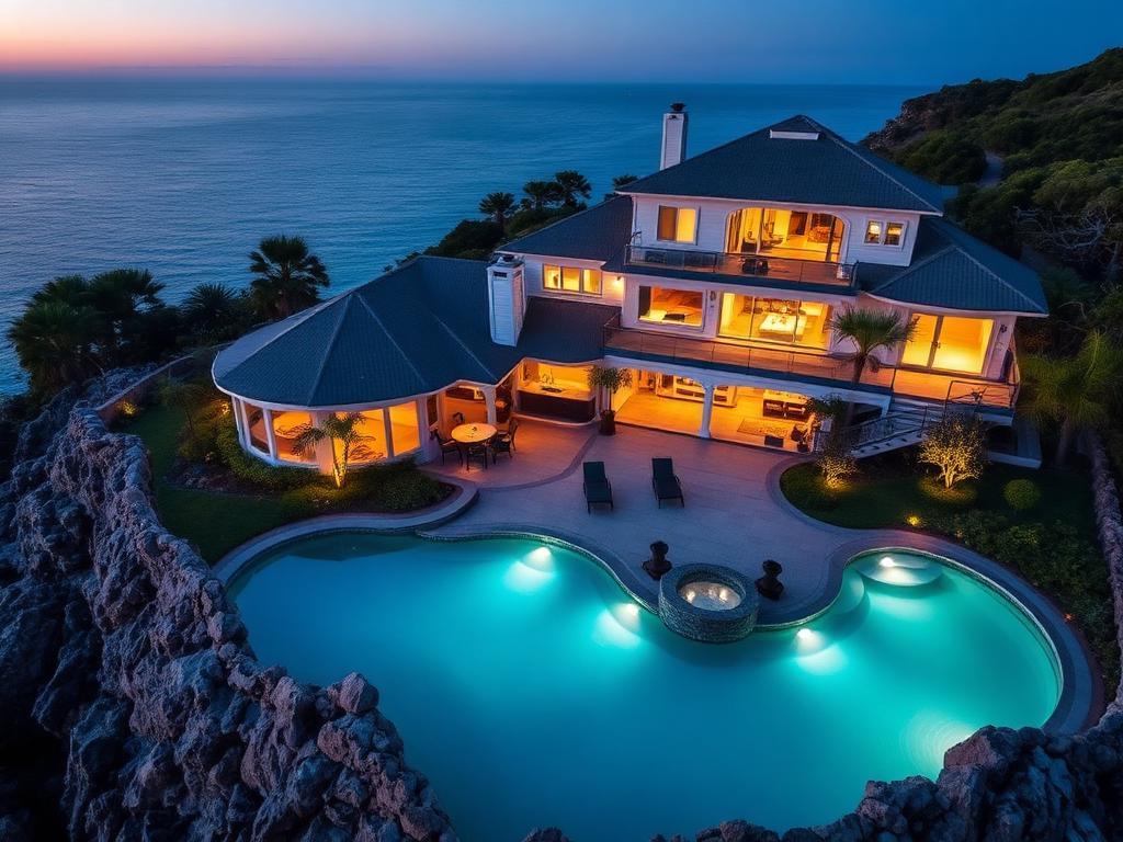 Aerial of a luxury coastal property at twilight