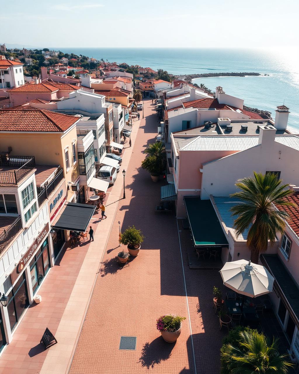 Aerial of a coastal town high street